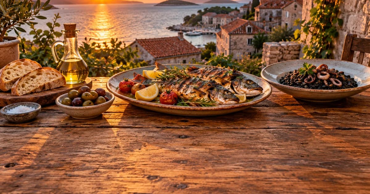 Illustration of a Croatian seaside konoba table at golden hour