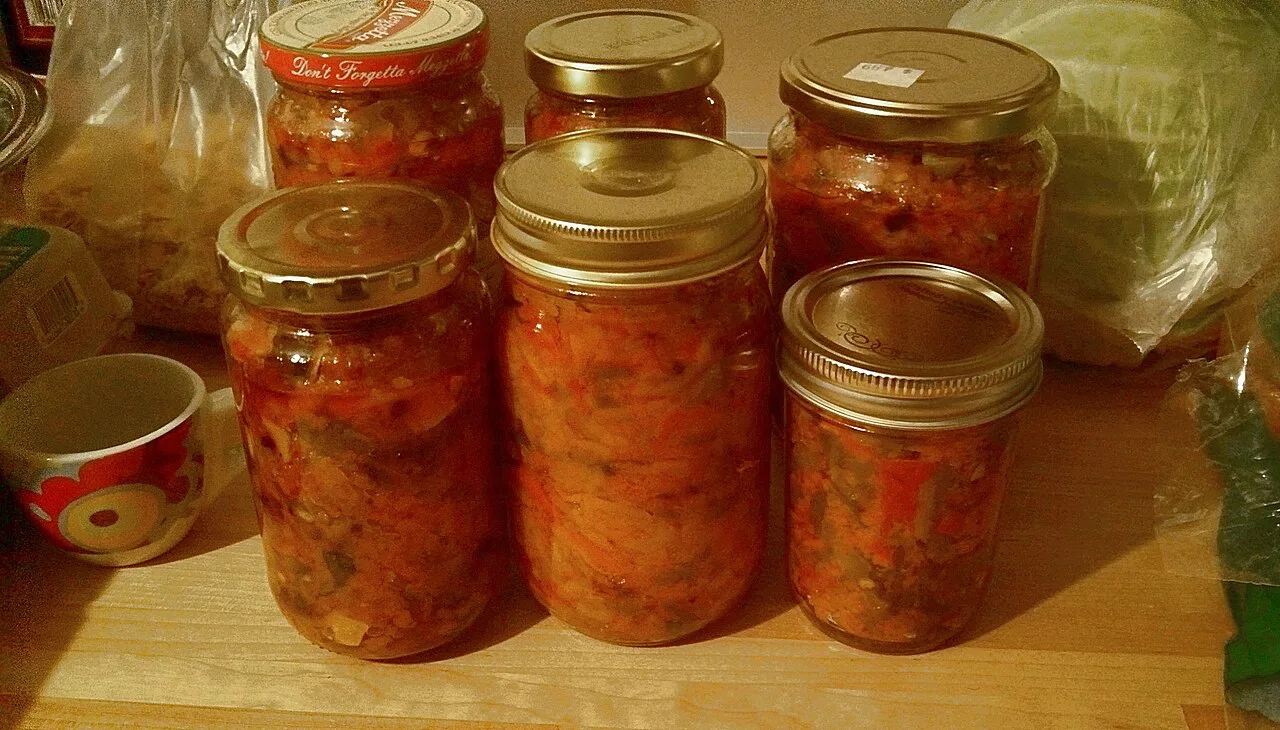 Home-made pepper relish in jars.