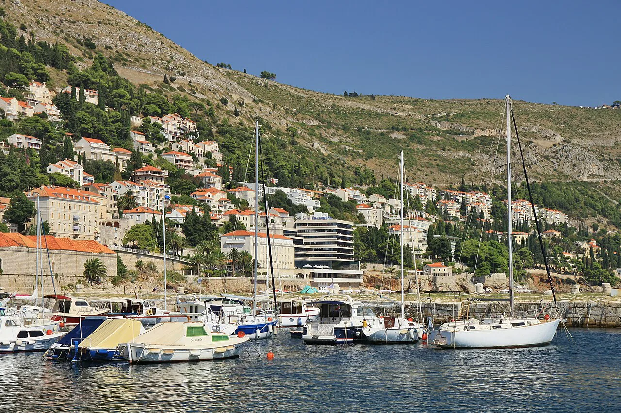 Boats moored along the Dubrovnik coastline.