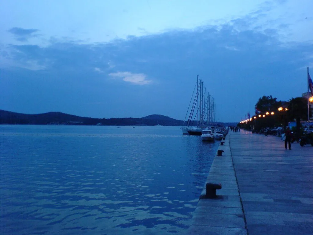 The Šibenik waterfront at dusk.