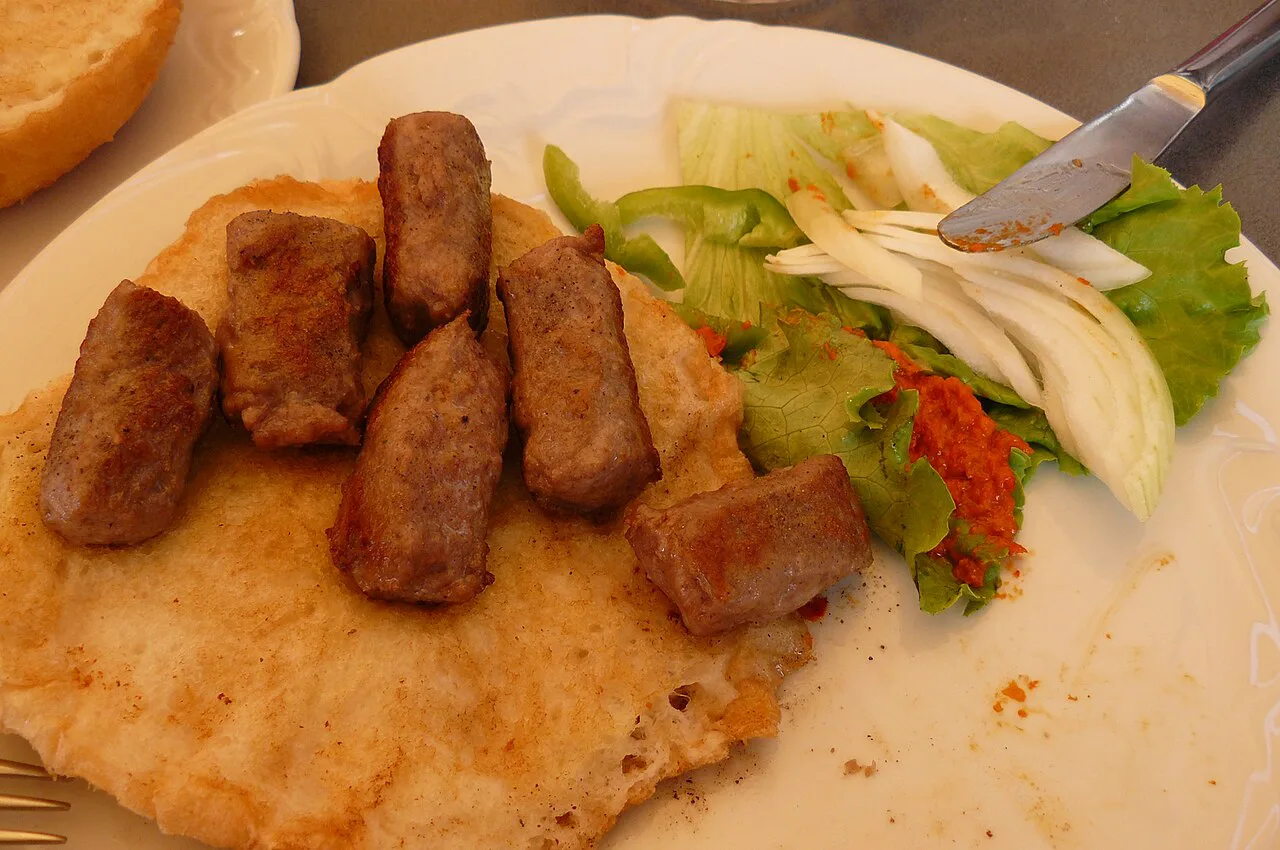 Ćevapi with flatbread and salad, Zagreb.