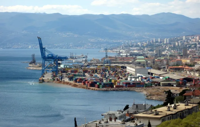 The port of Rijeka seen from above Brajdica.