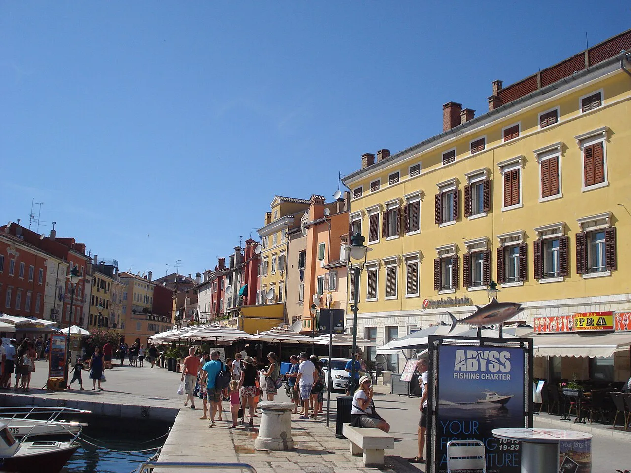 Café terraces along the harbourfront, Rovinj.