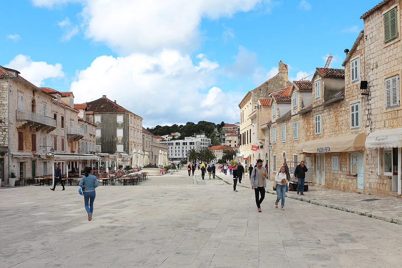 St Stephen's Square looking towards the harbour, Hvar town.