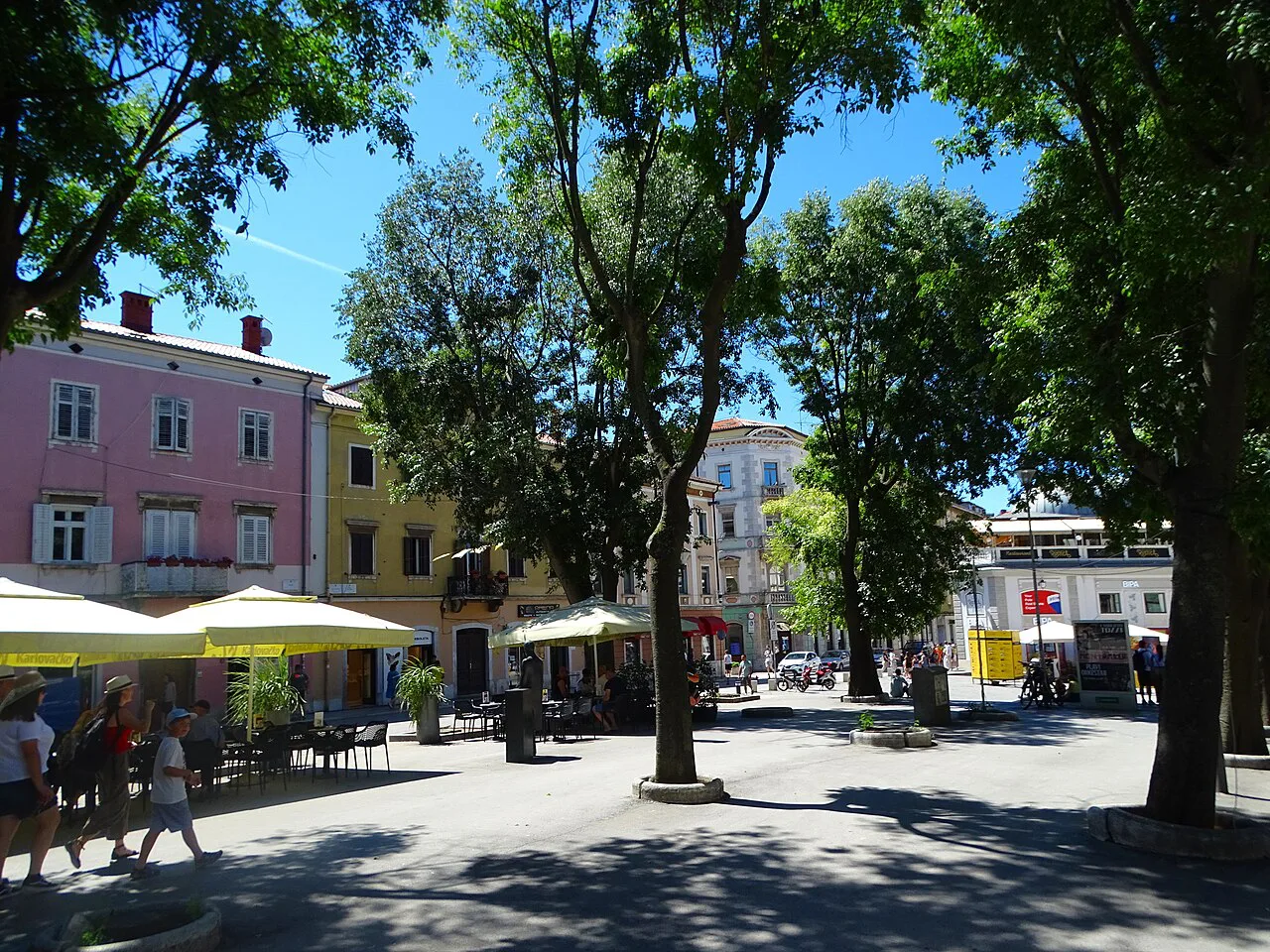 Café umbrellas on a tree-lined street, Pula.