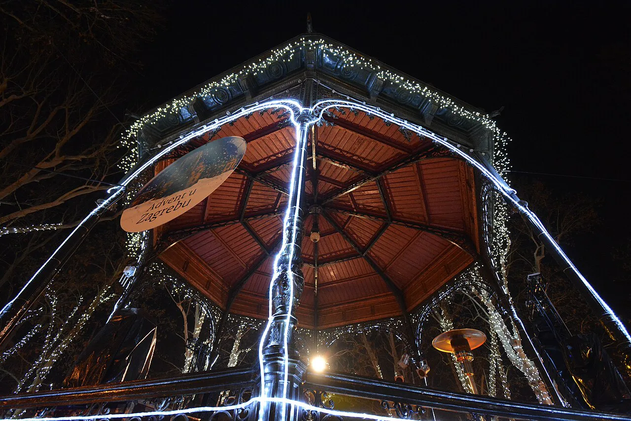 A pavilion lit for Advent in Zagreb.