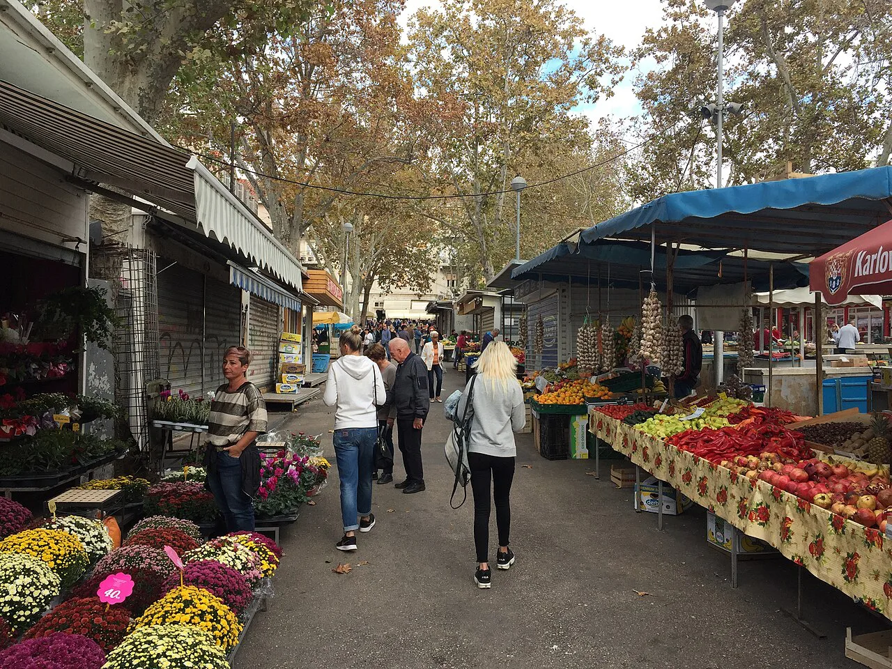 Flower and produce stalls at a market in Split.
