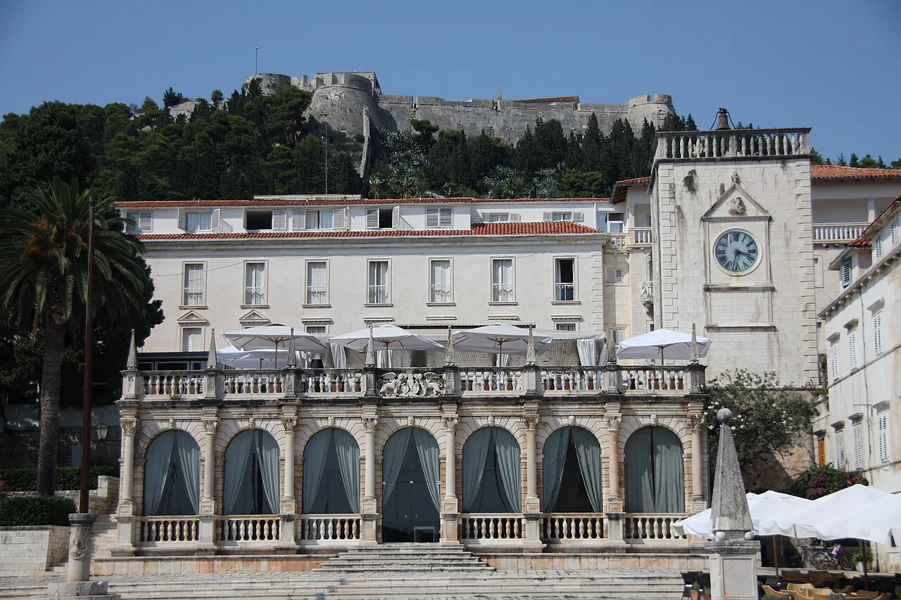 The Loggia on the main square, Hvar town, with the Fortica above.