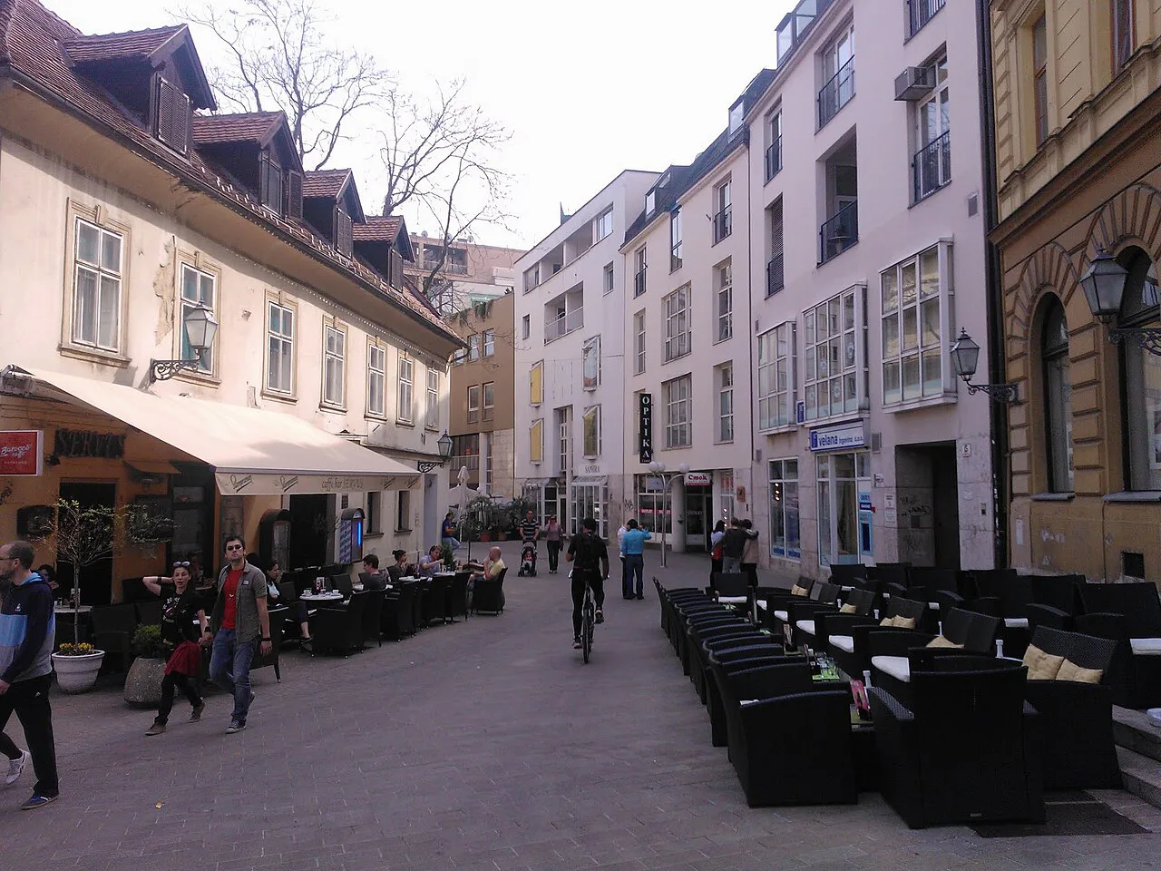 Café tables on a street in central Zagreb.
