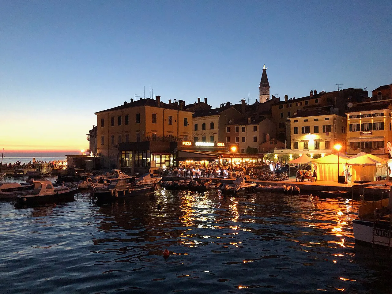 Rovinj's waterfront in the evening.