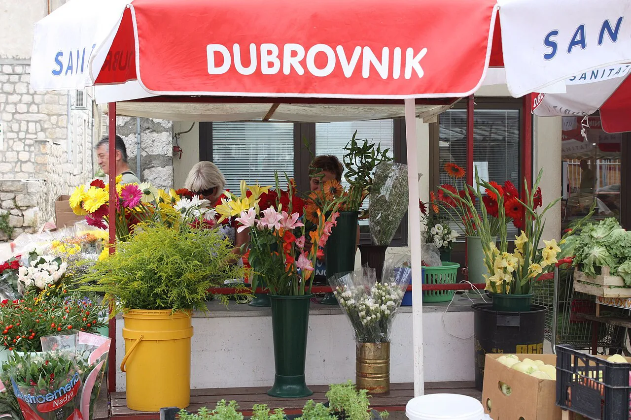 Flower and produce stalls at the Gruž market, Dubrovnik.