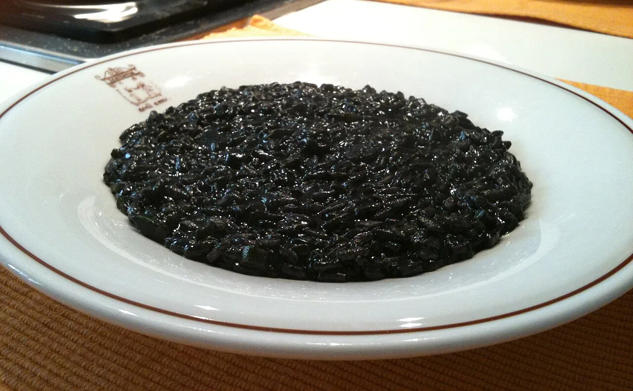 Black risotto coloured with cuttlefish ink.