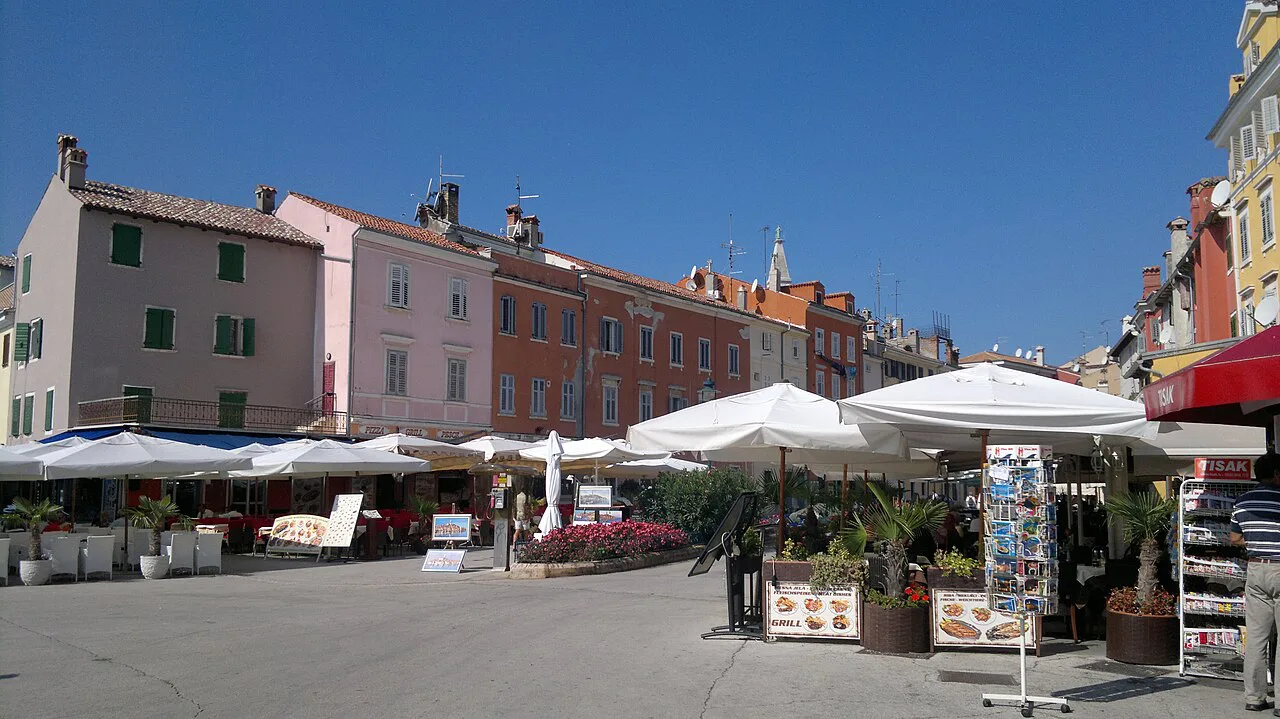 Restaurant umbrellas on the waterfront, Rovinj.