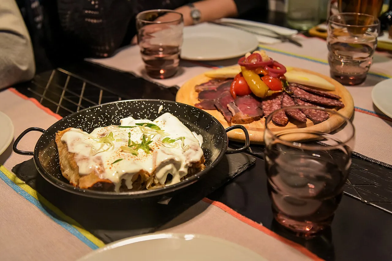 Bosnian dishes on the table at the Taj Mahal restaurant, Dubrovnik.