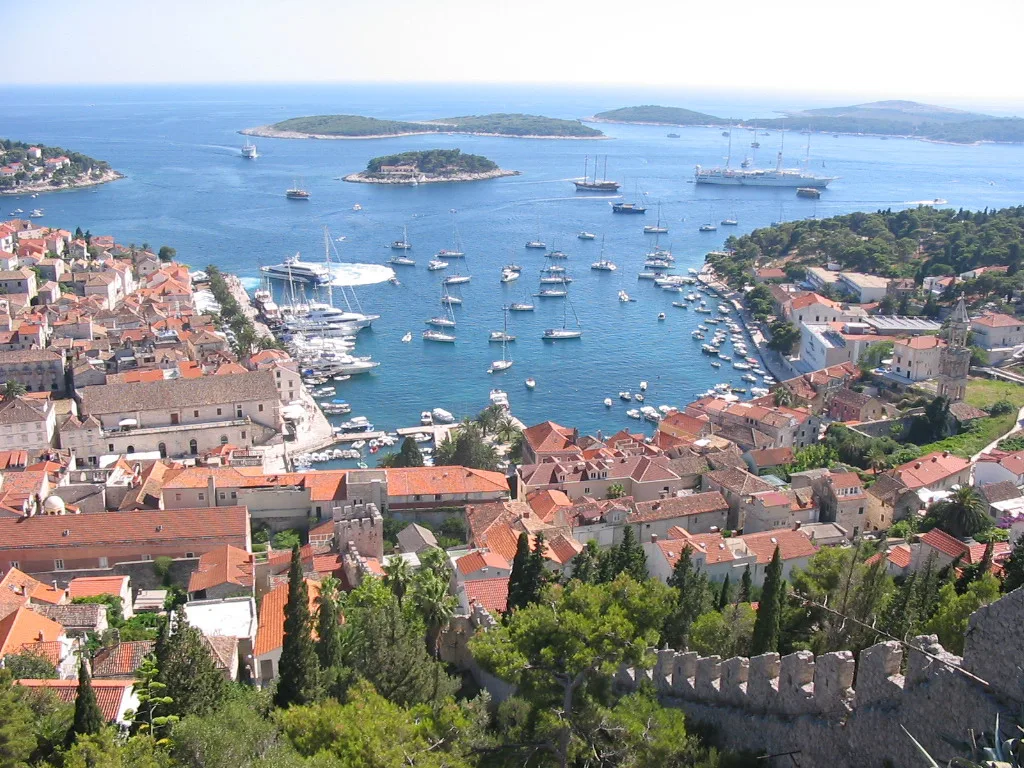 Hvar town harbour and the Pakleni Islands from the fortress.