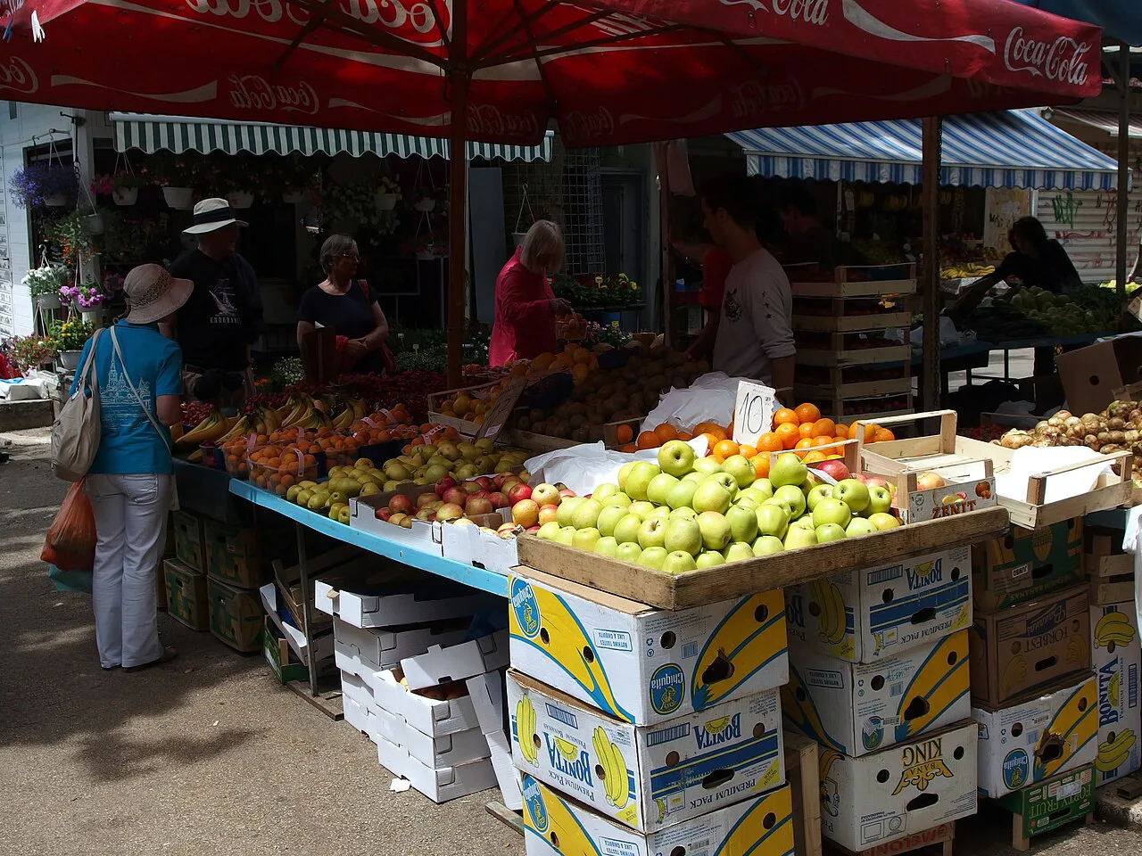 Fruit and vegetable stalls at a market in Split.