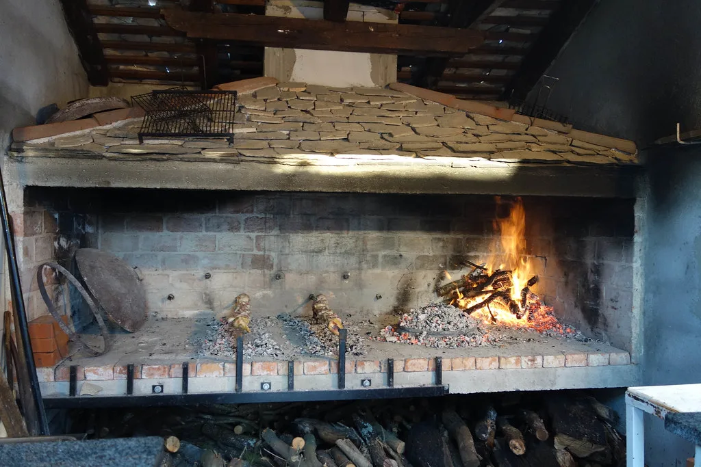 An open hearth fire for roasting lamb in Croatia.