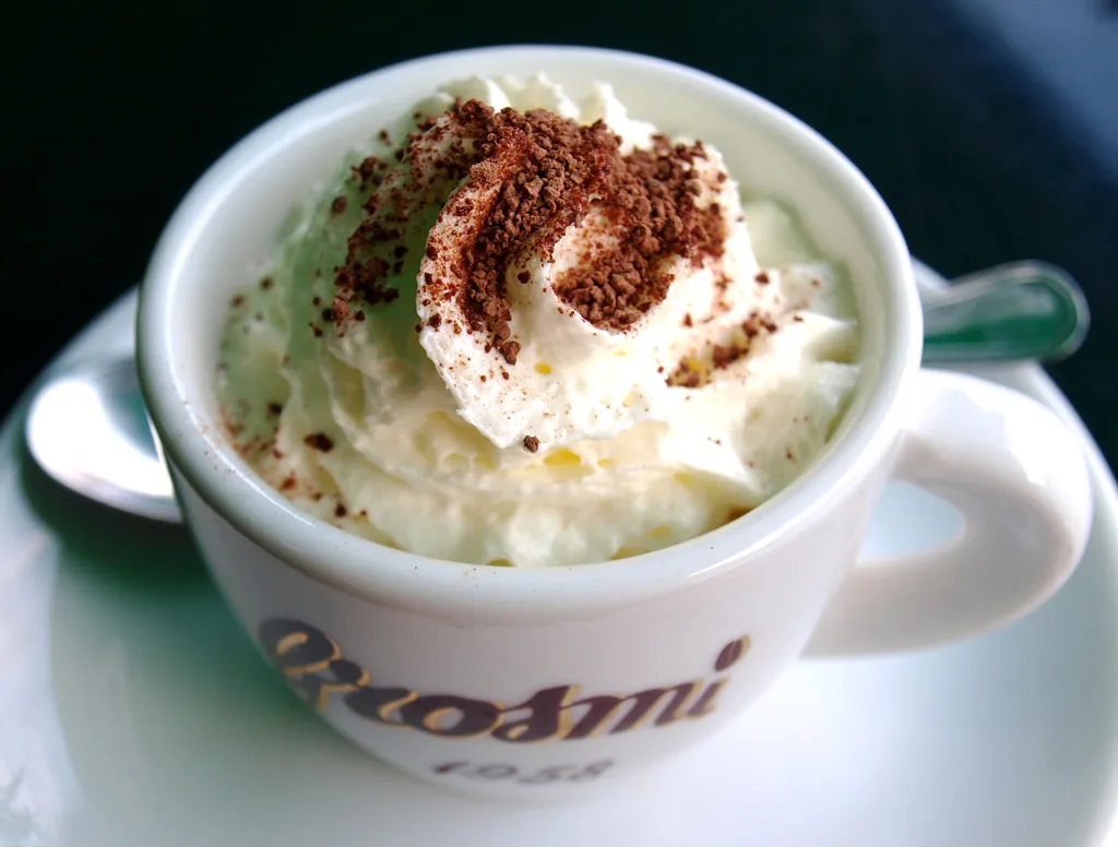 Hot chocolate with whipped cream at a café in Istria.