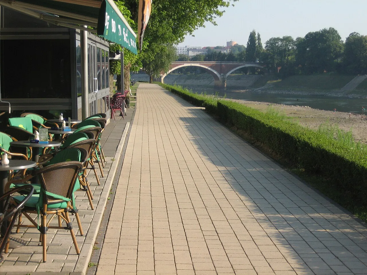 Riverside café terraces on the Kupa, Sisak.