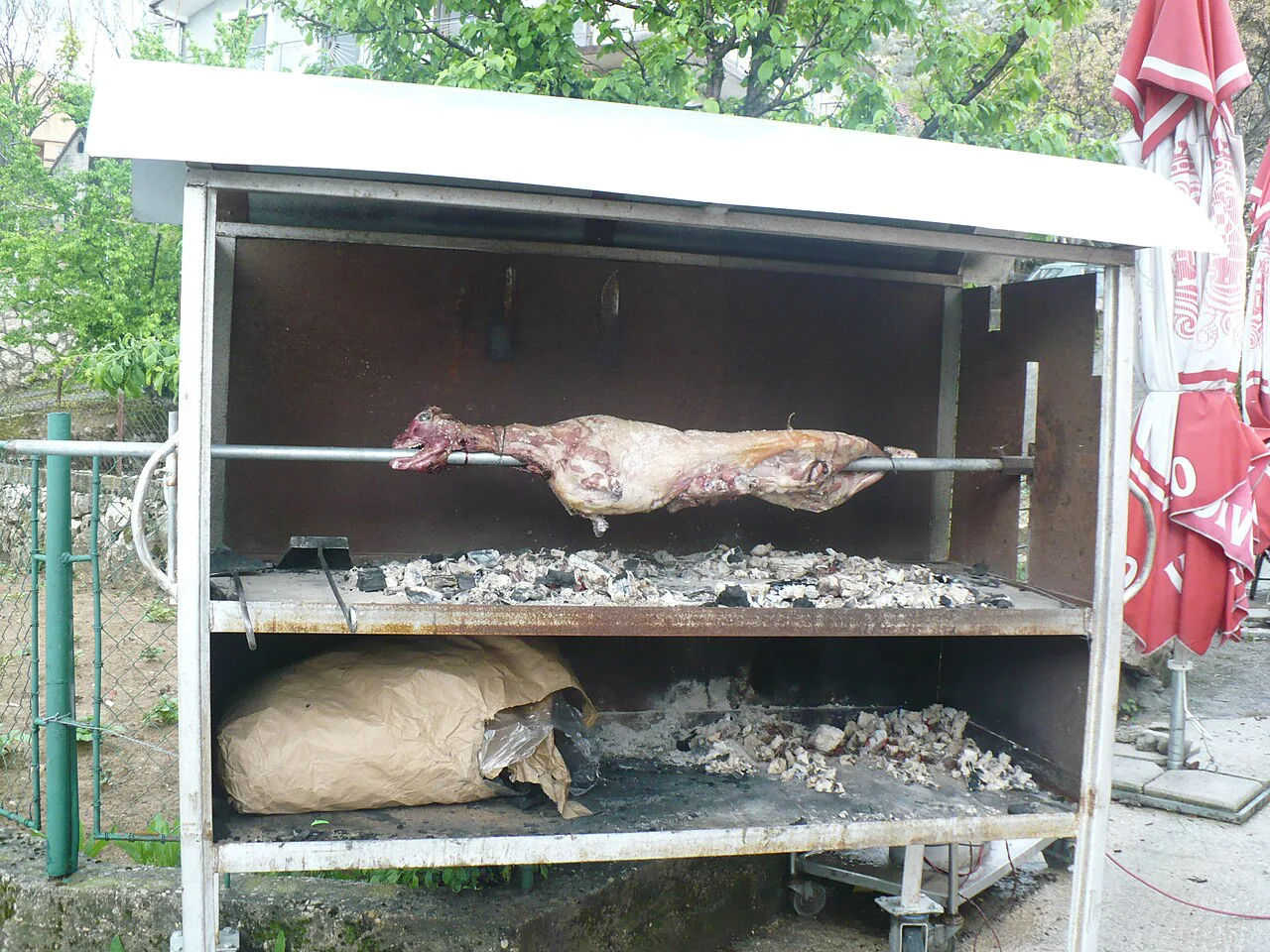 Lamb turning on a spit over embers.