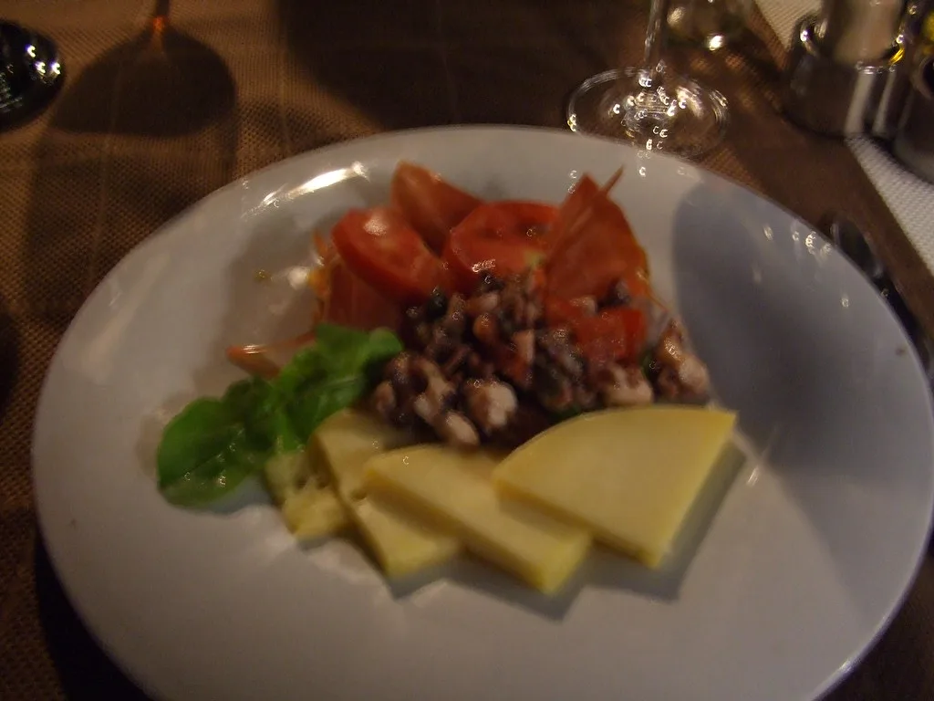 A Dalmatian plate of ham, cheese and octopus salad at Konoba Galija, Cavtat.