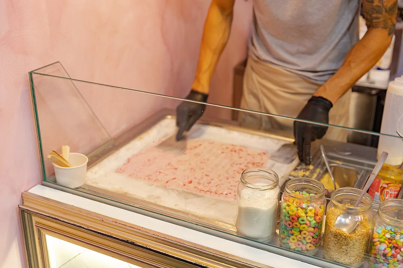 Rolled ice cream being prepared in Dubrovnik.