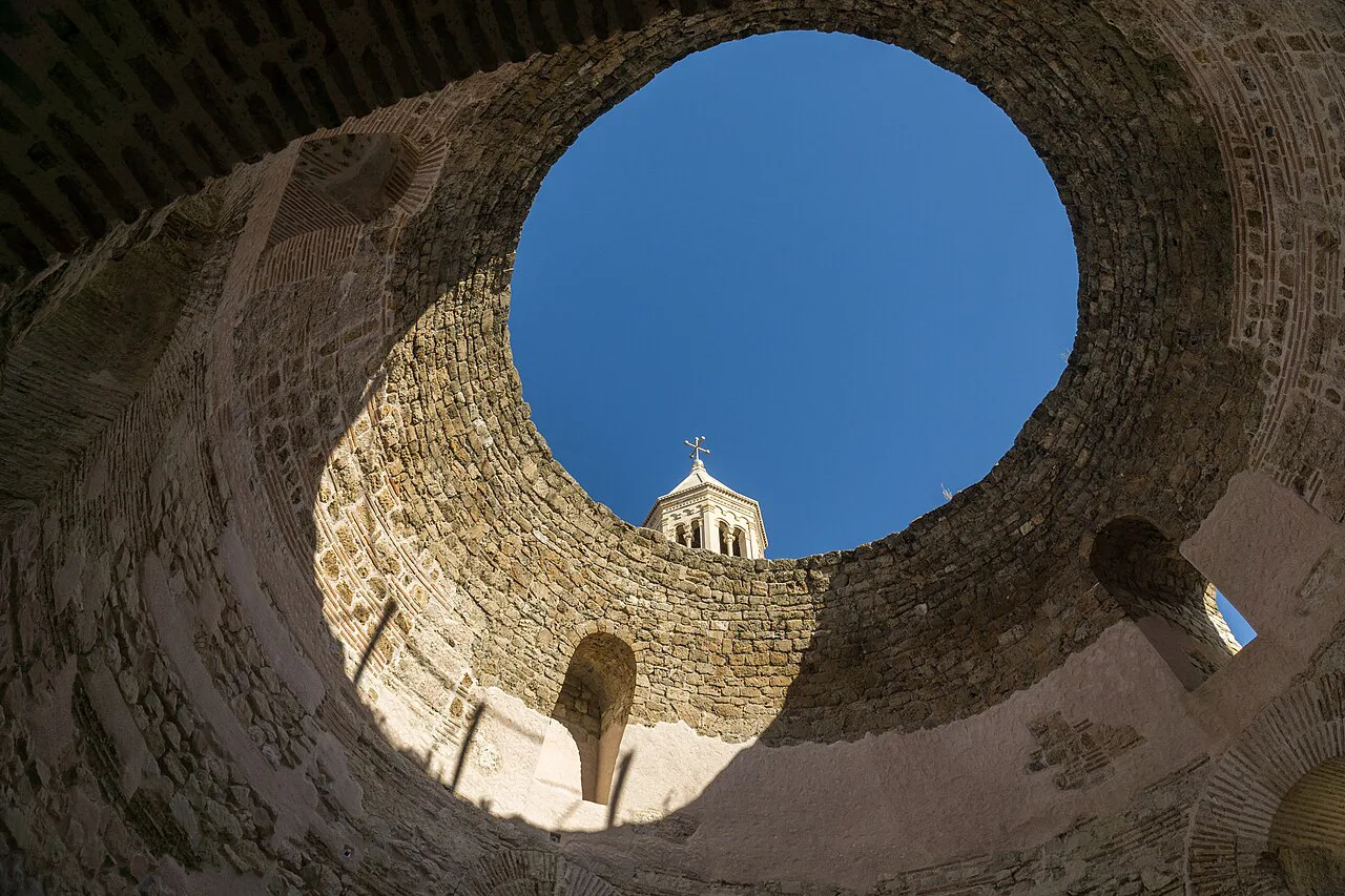 Split Cathedral bell tower seen through the Vestibule of Diocletian's Palace.
