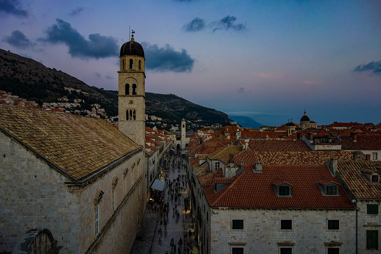 Dubrovnik's old town and the Stradun at dusk.