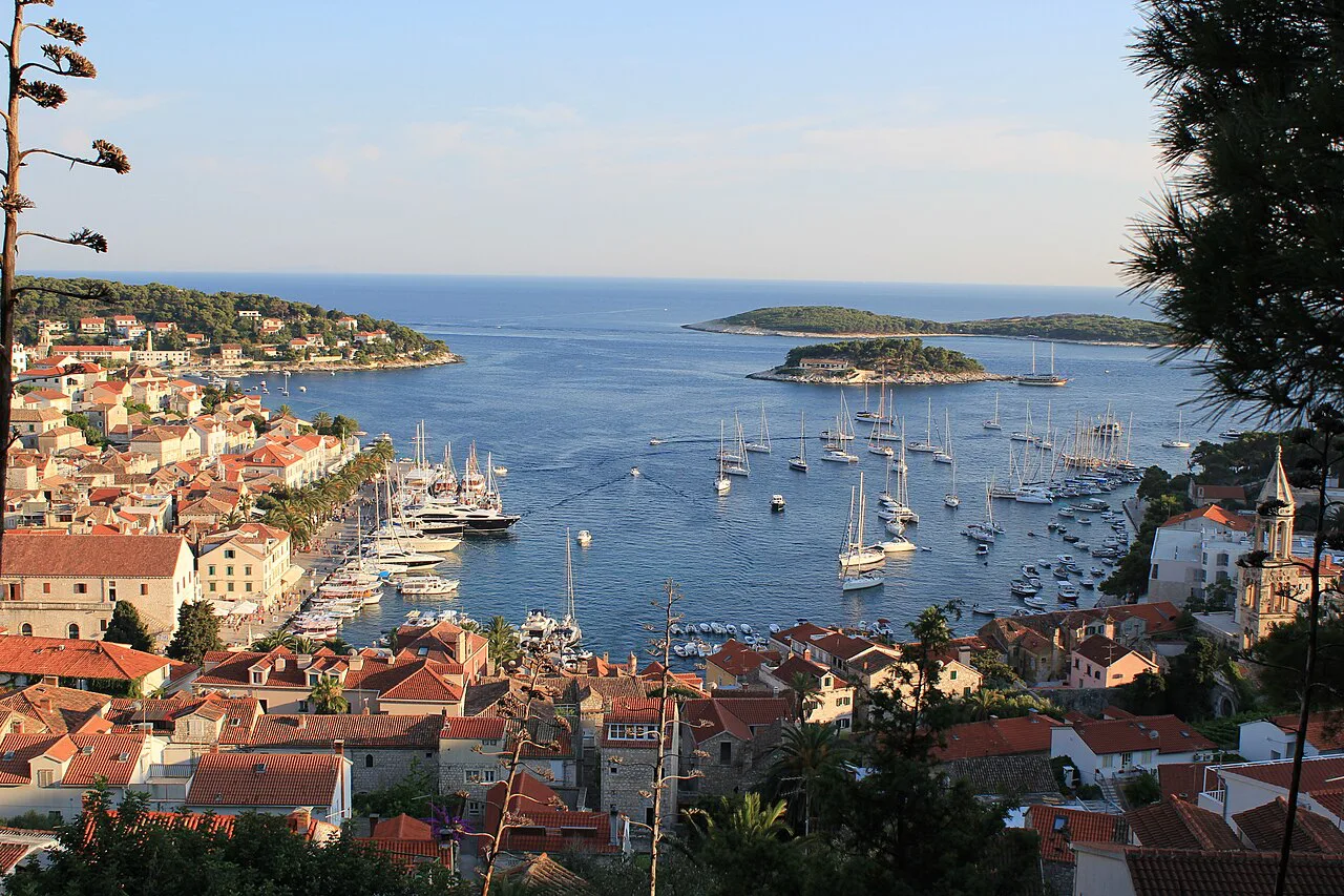Hvar town harbour and the Pakleni Islands.