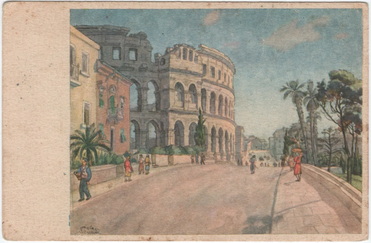 A 1930s postcard of Pula and its arena.