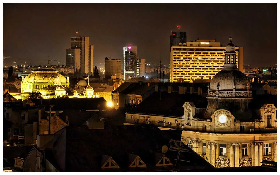 Zagreb's rooftops and skyline at night.