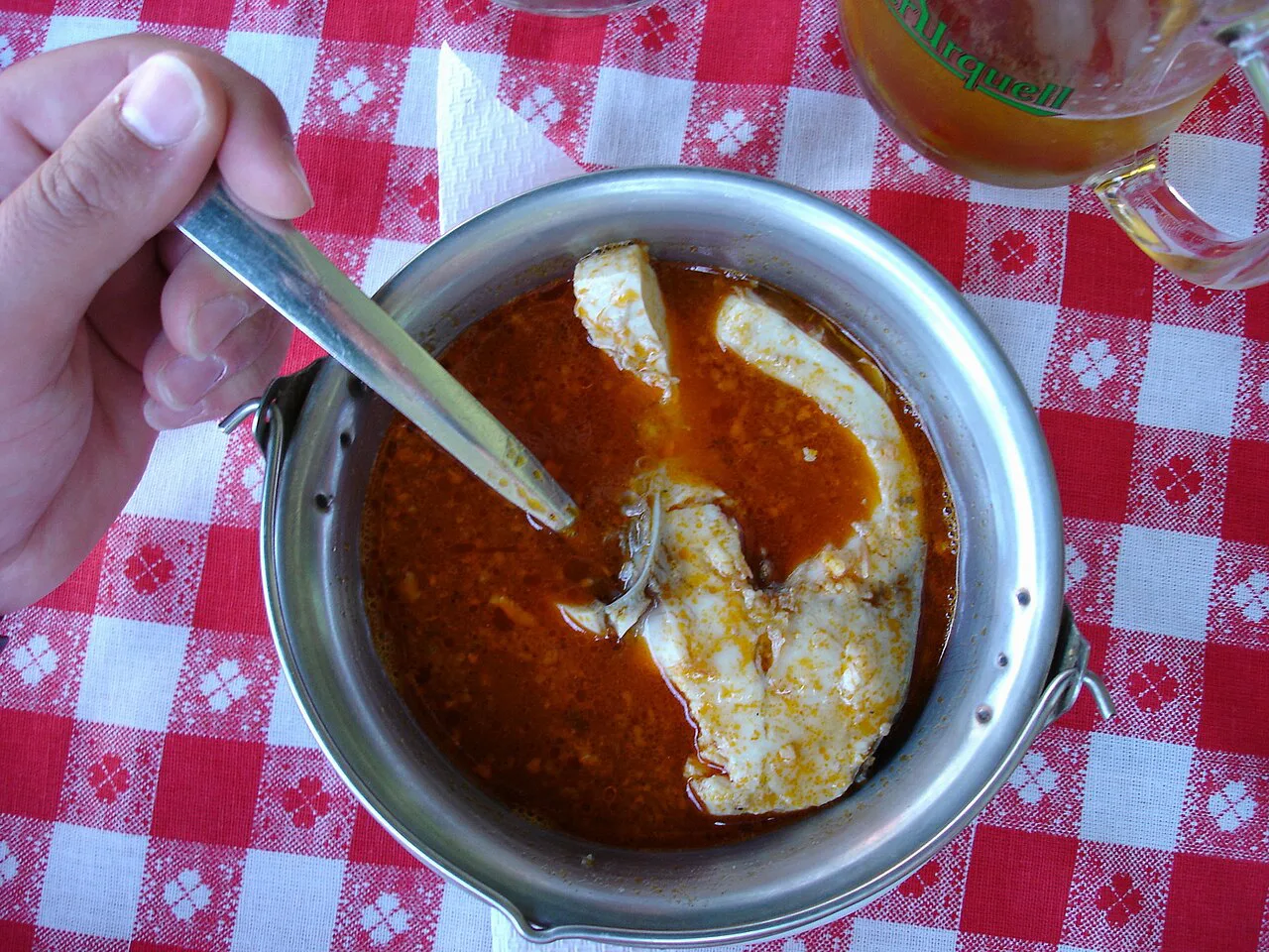Hungarian halászlé, the paprika fish stew closely related to fiš paprikaš.