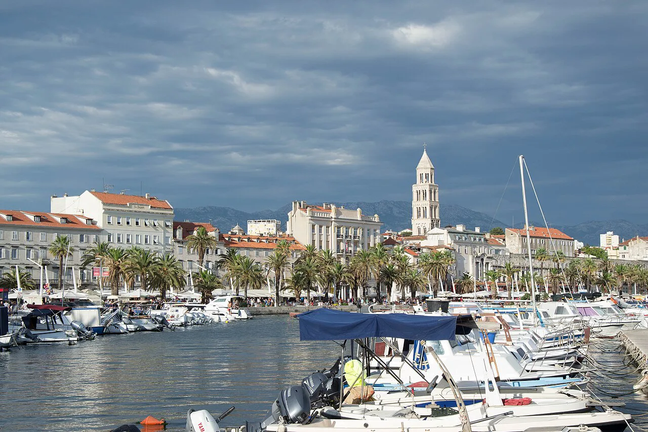 Split harbour with the cathedral bell tower behind.