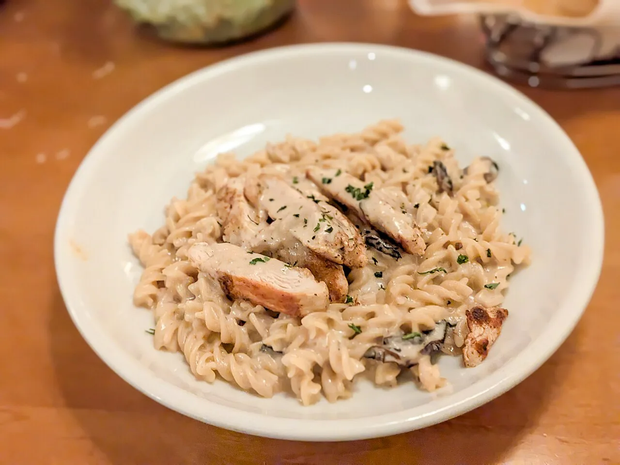 Gluten-free pasta with cream sauce.