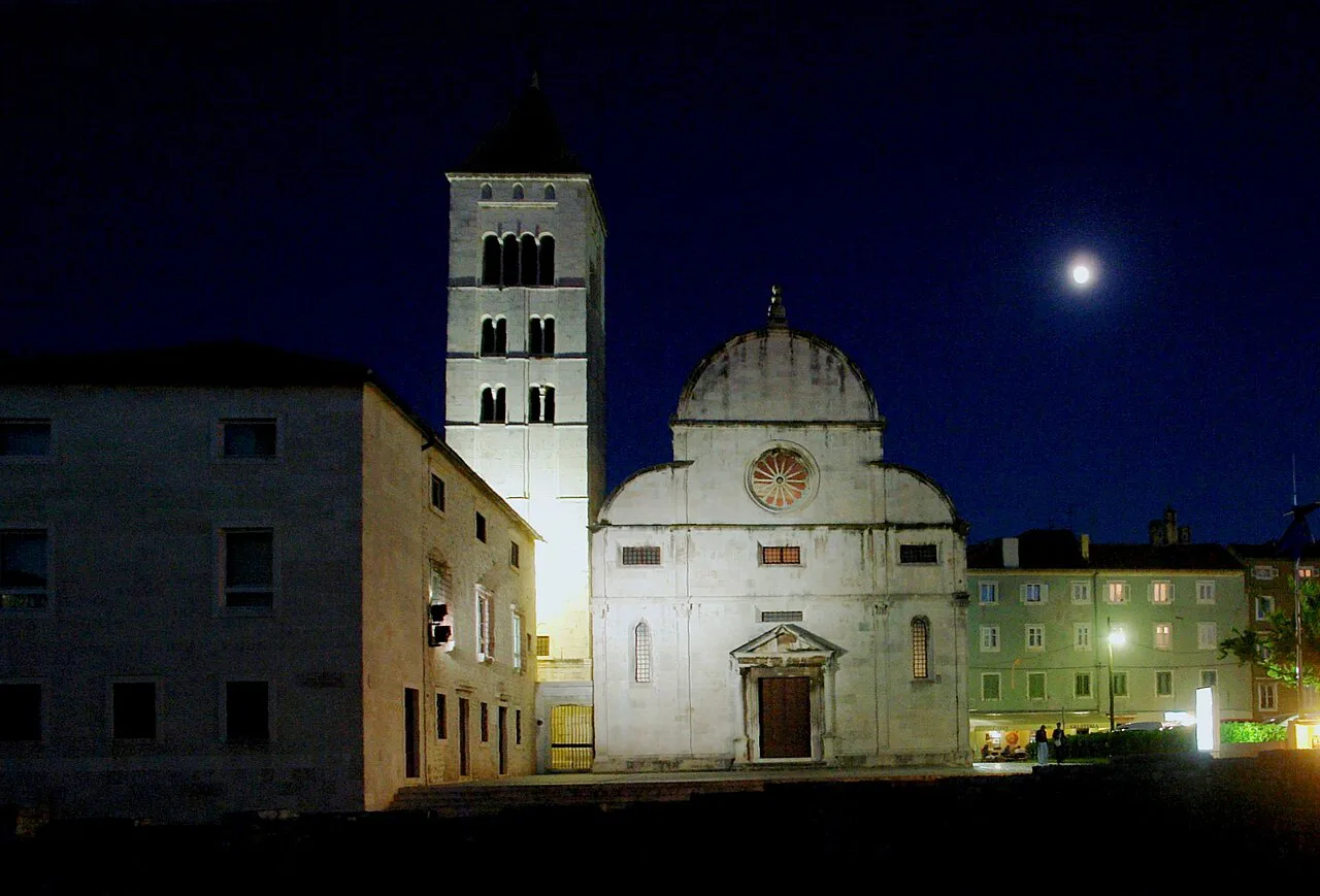 St Mary's Church and bell tower at night, Zadar.