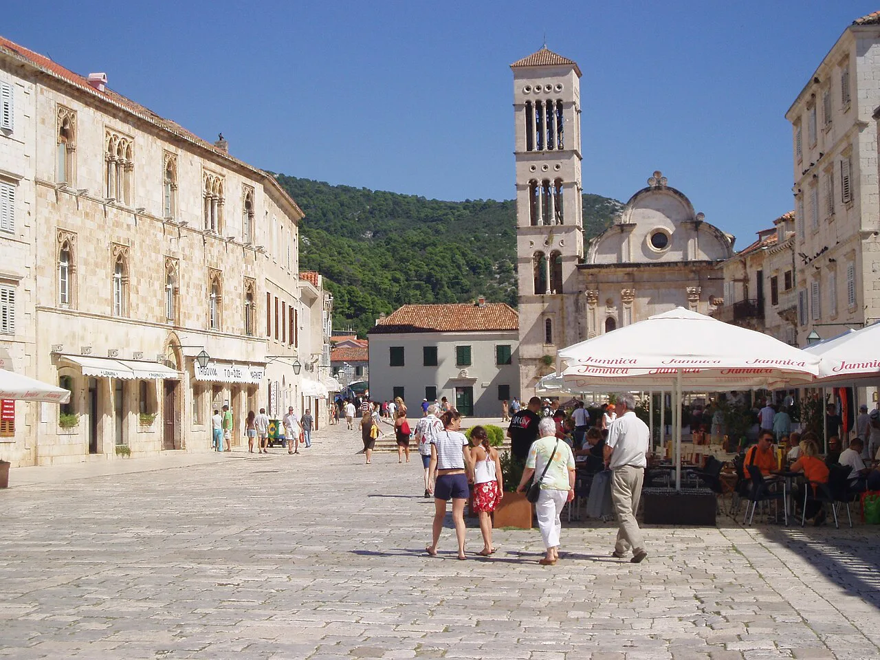 Café umbrellas on the main square, Hvar.