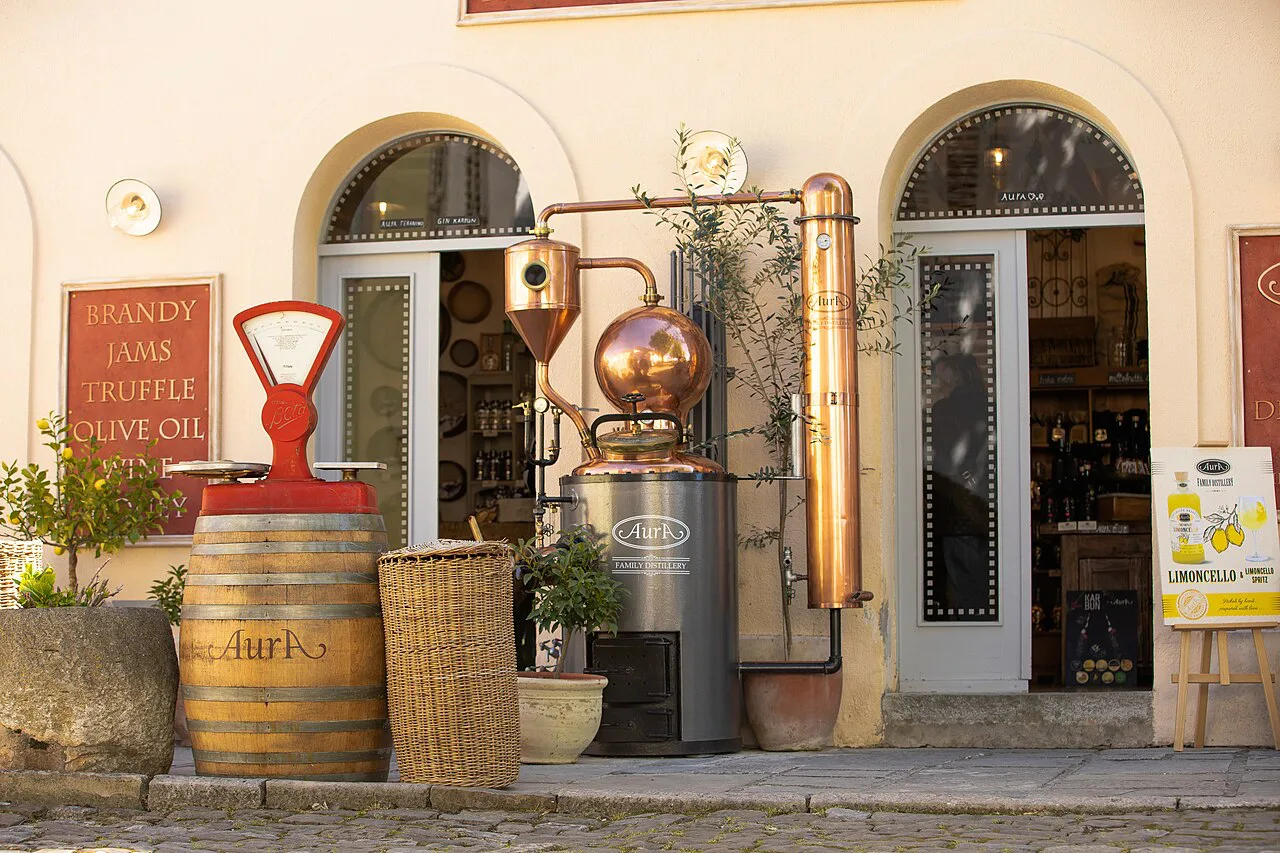 A shop selling brandy, truffles and olive oil in Motovun, Istria.
