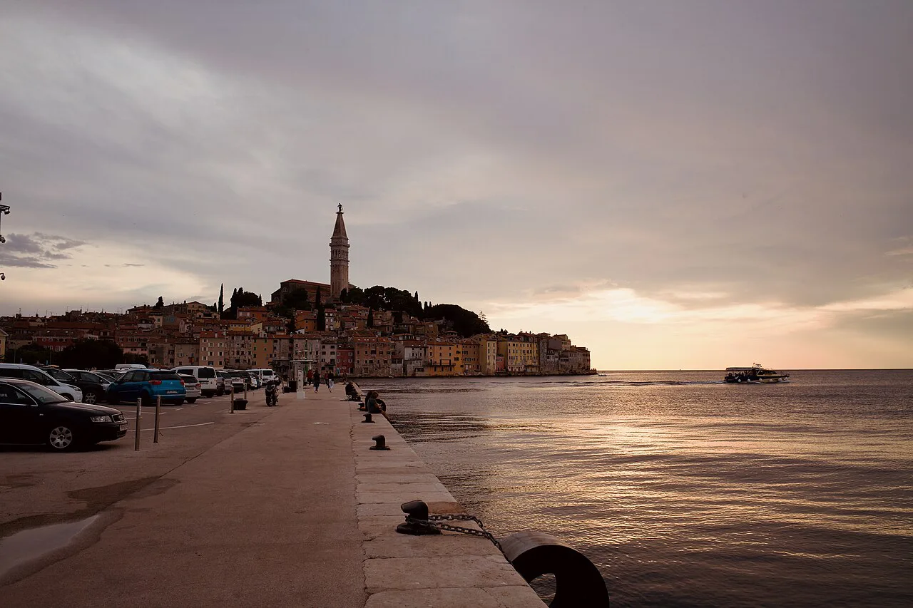 Rovinj harbour and the old town at sunrise.