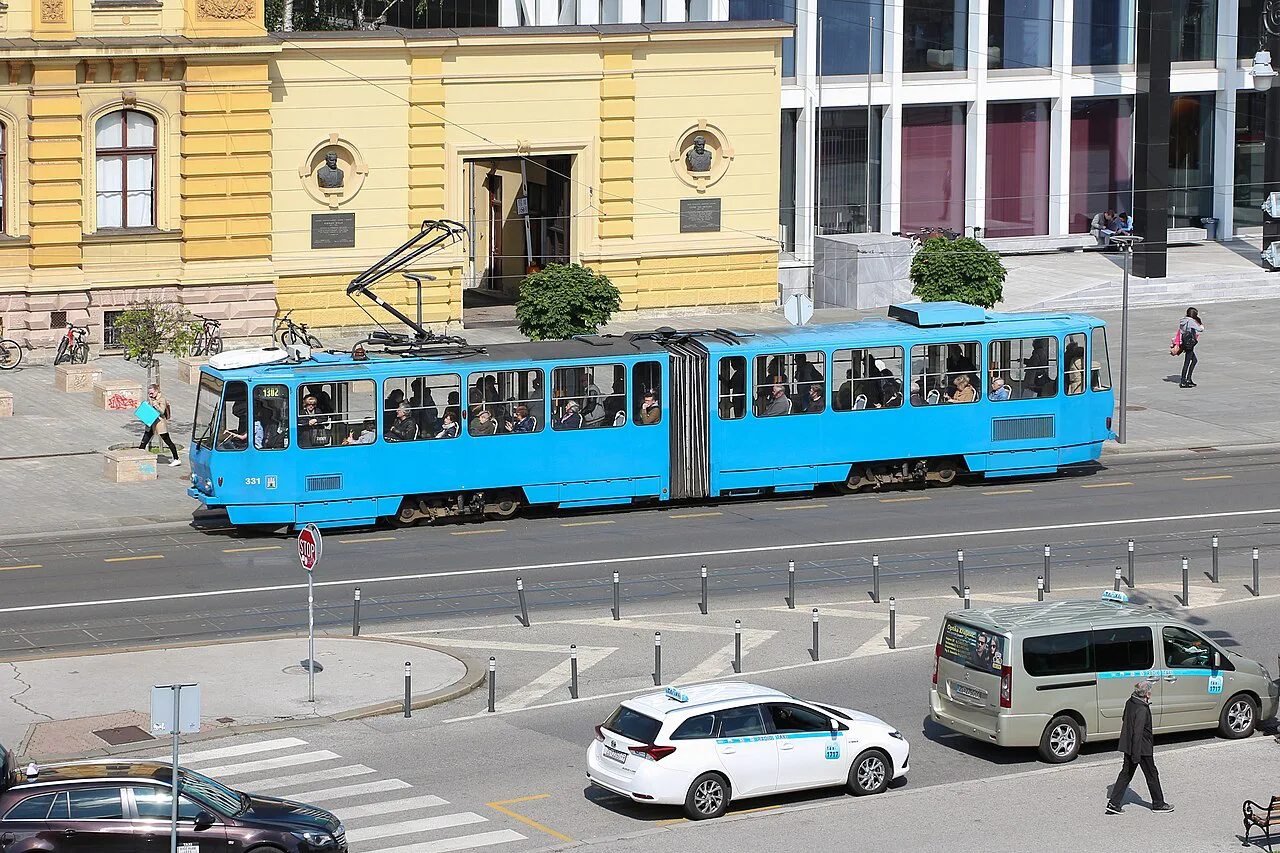 A blue tram in central Zagreb.