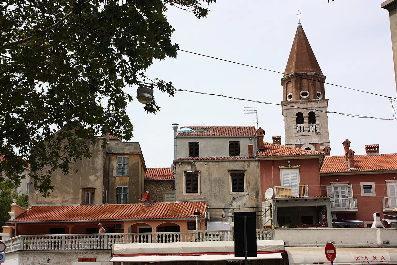 Old-town houses and a bell tower in Zadar.