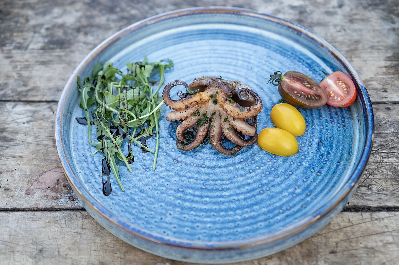 Cooked baby octopus with salad and tomatoes.