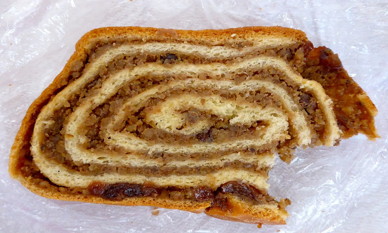 A slice of walnut roll.