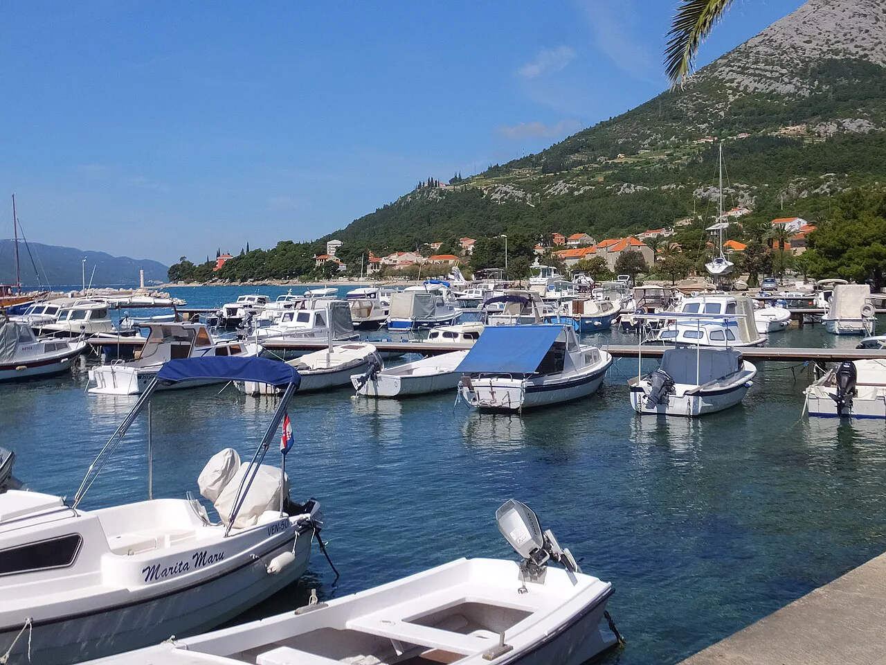 The marina at Orebić beneath the Pelješac hills.