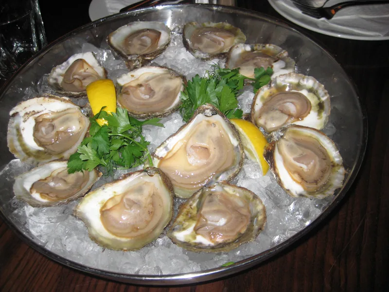 Fresh oysters on ice with lemon.