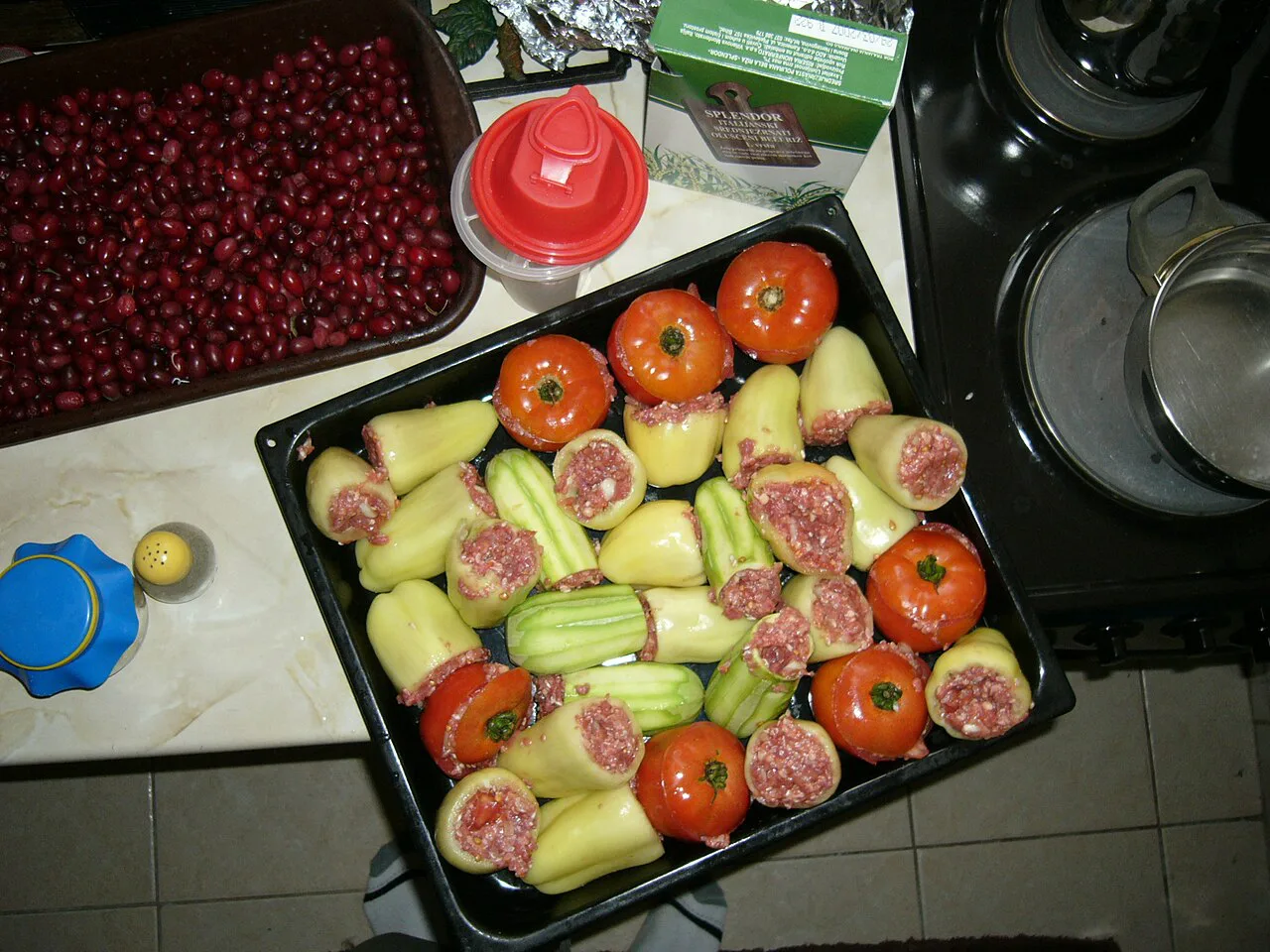Stuffed peppers ready for the oven.