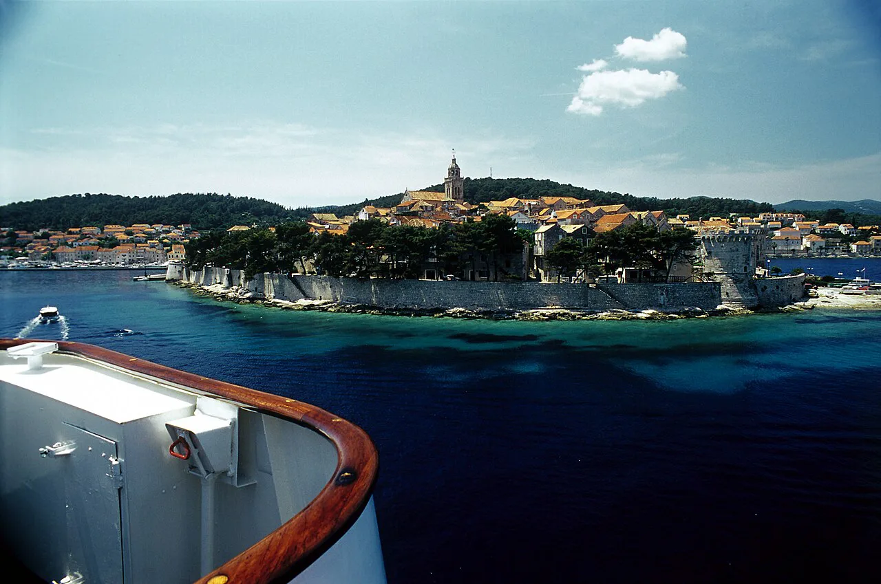 Korčula old town from a boat approaching the harbour.