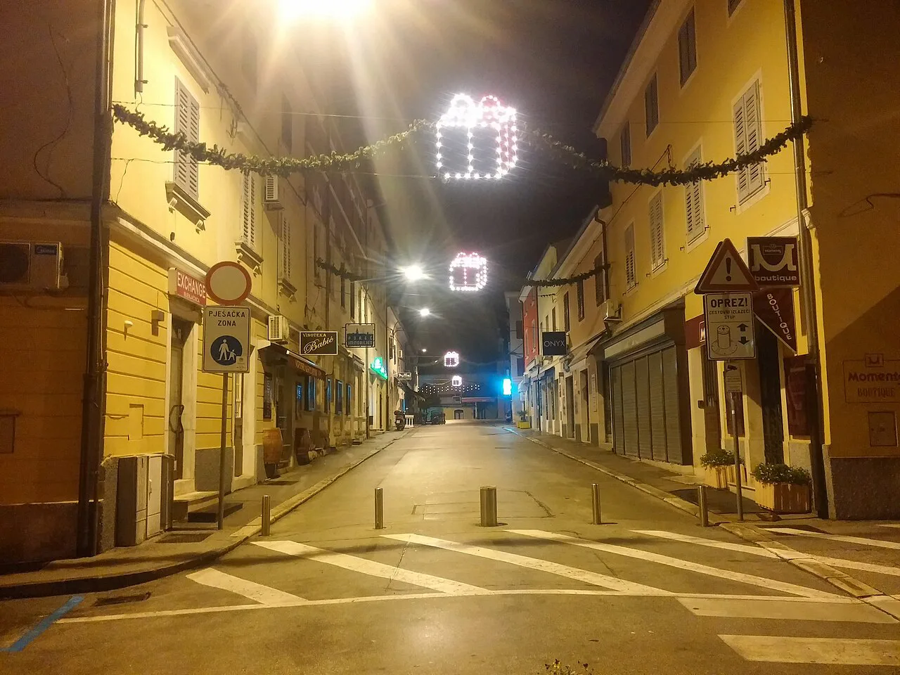 An old-town street decorated for the holidays, Poreč.