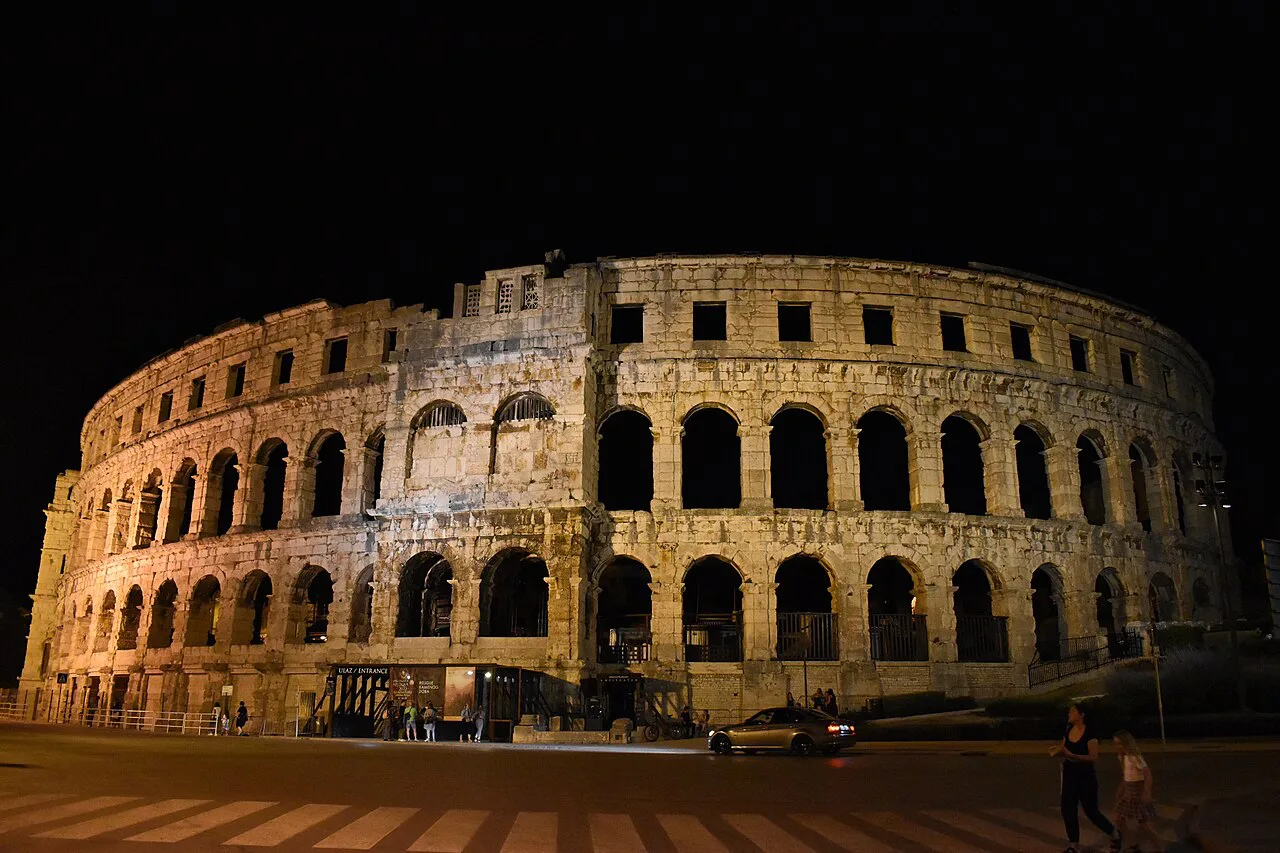 The Arena amphitheatre in Pula at night.