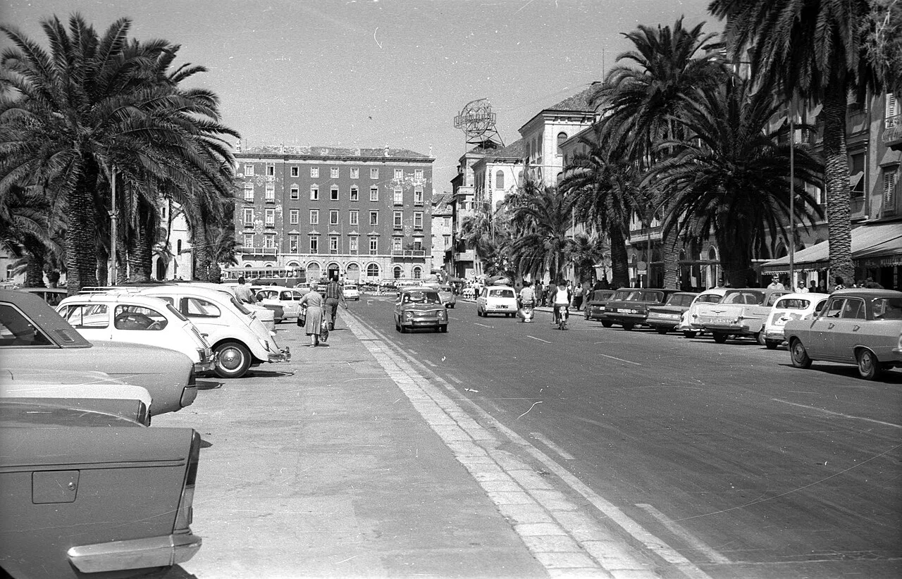 A historic black-and-white view along the Riva, Split.