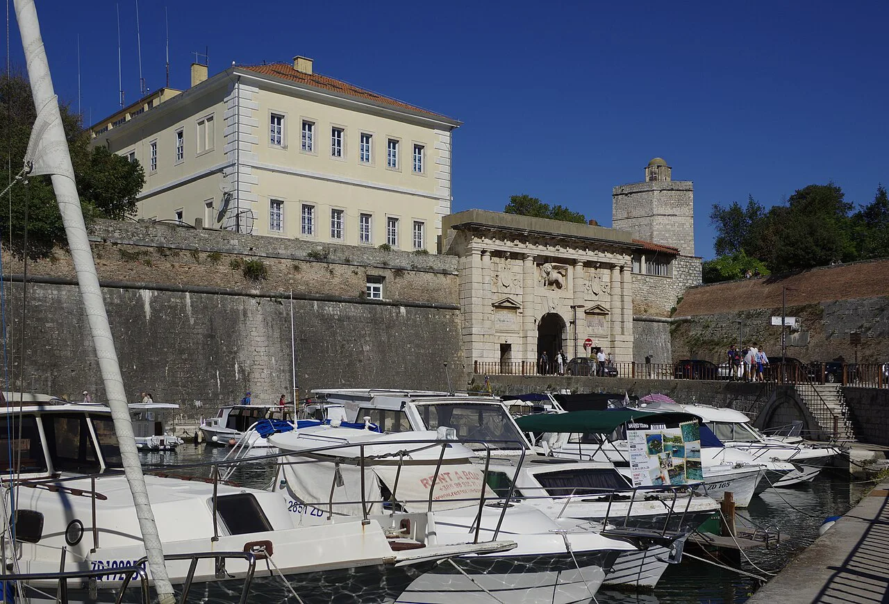 Zadar's city walls and Land Gate from Foša harbour.